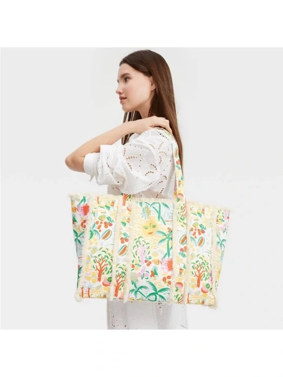Roller Rabbit Tropical Print Canvas Tote - White, Green, Pink, Yellow - Picture 3 of 4